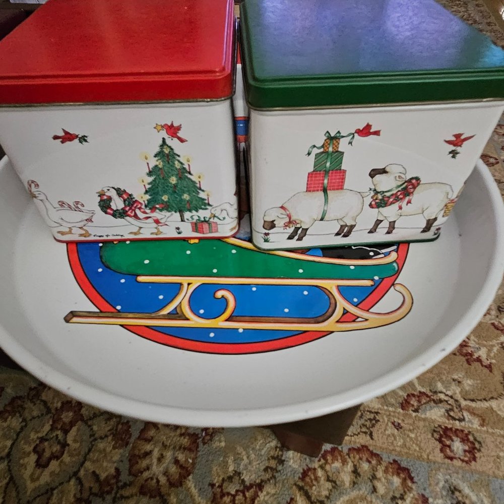 set of two keller Charles  vintage beautiful design tins and one 12-in Santa